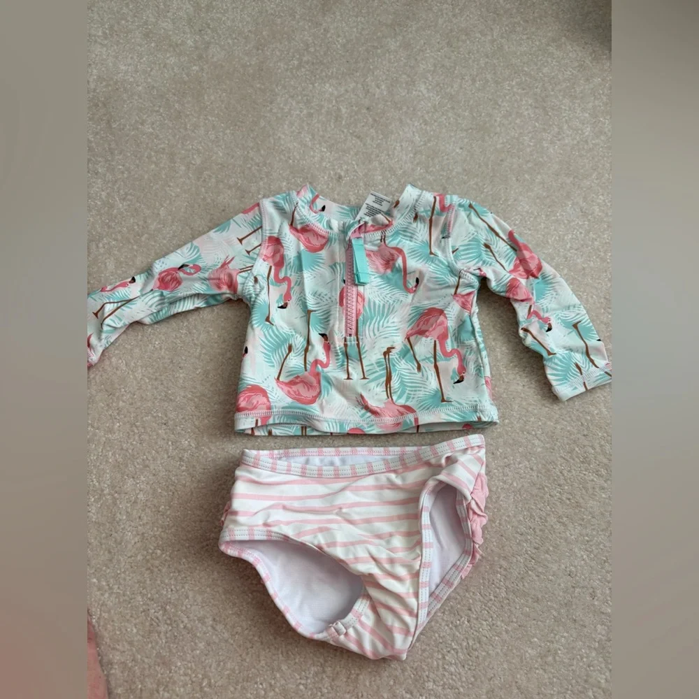 Ruffle Butts Flamingo Rash Guard Swim Set - Picture 4 of 6
